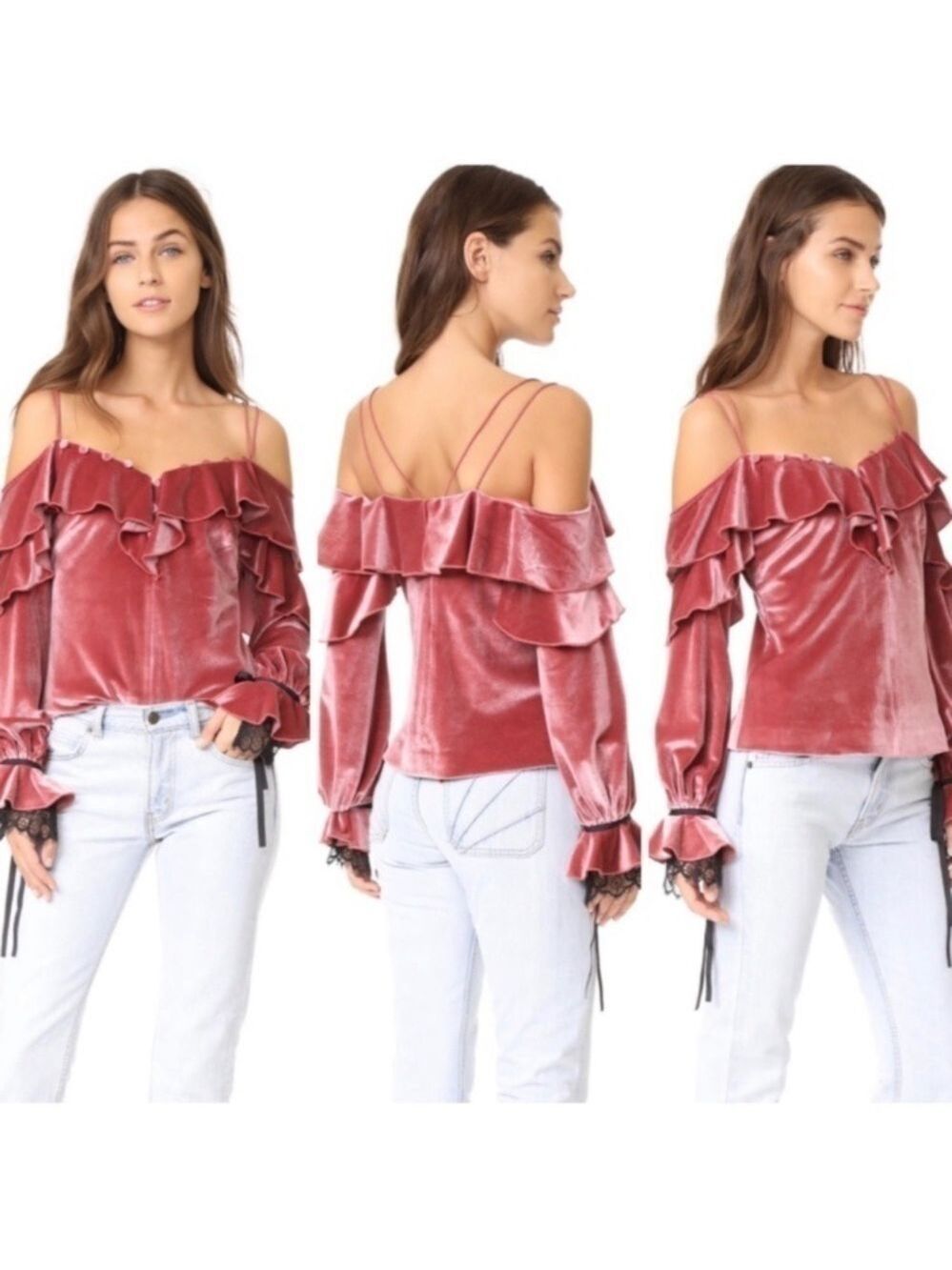 Self Portrait Velvet Off the Shoulder Long Sleeve Top in Piek Pink